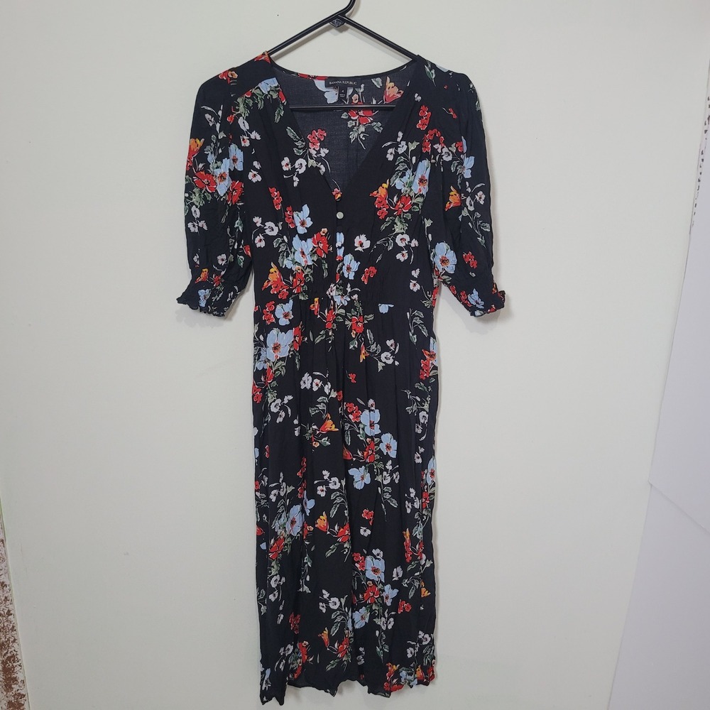 Banana Republic Size 4 Floral Midi Dress Womens Black V-Neck Puff Sleeve Smocked